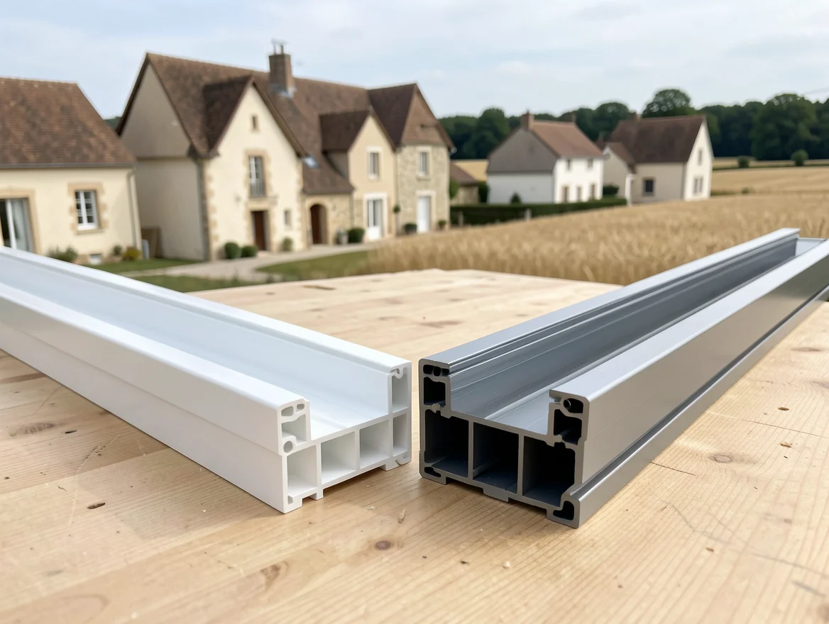 Échantillons de profilés de fenêtre en PVC blanc et en aluminium gris posés côte à côte