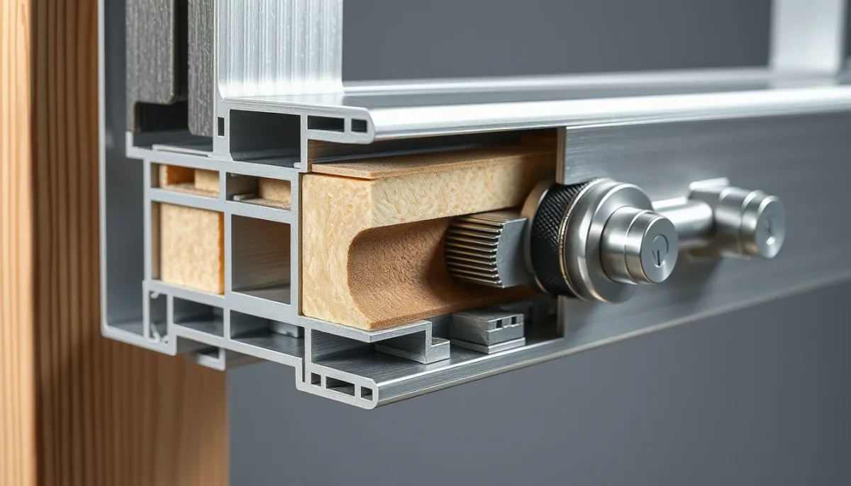 Coupe technique d'une porte d'entrée aluminium montrant l'isolation et la serrure multipoints