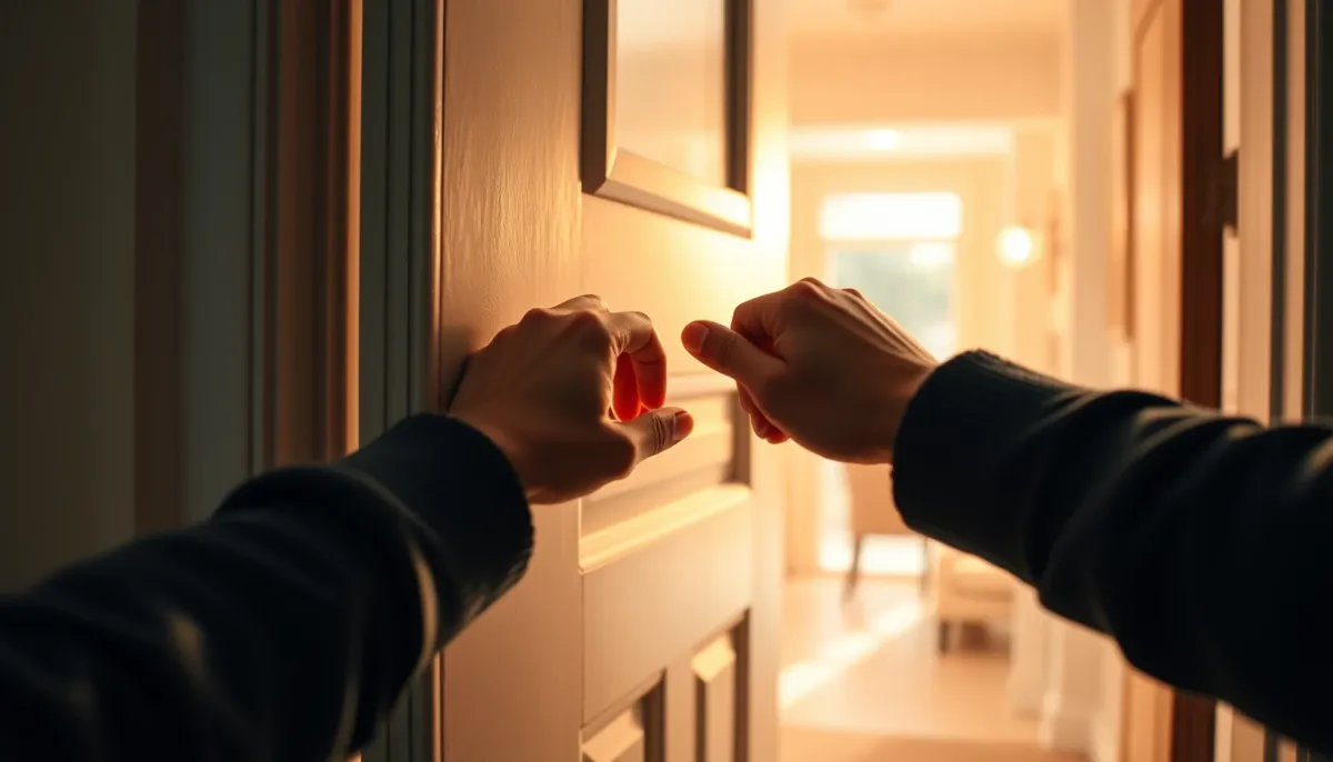 Personne ouvrant une porte d'entrée aluminium de l'intérieur, lumière naturelle