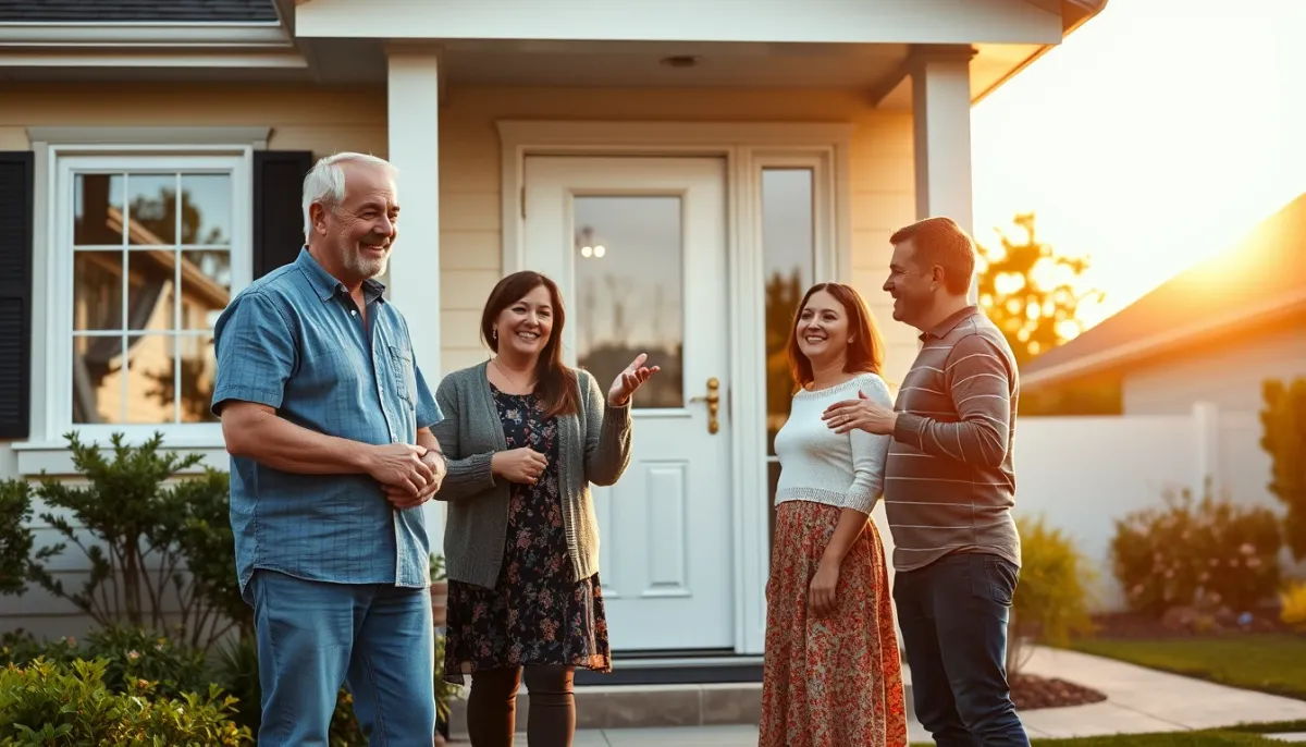 Famille devant une maison avec une nouvelle porte d'entrée aluminium
