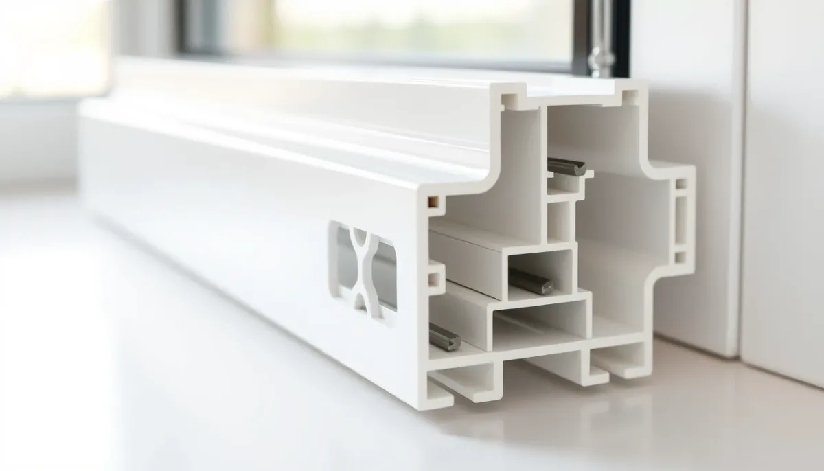 Profilé de fenêtre PVC en coupe montrant les chambres et le renfort acier