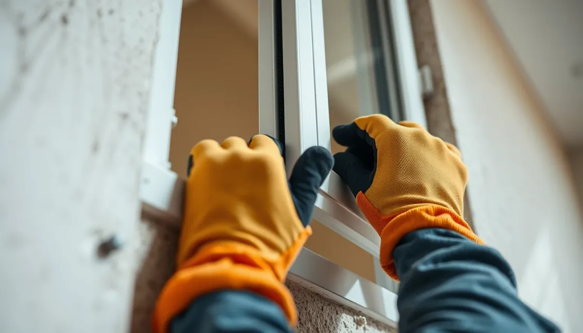 Pose d'une fenêtre PVC par un artisan lors d'une rénovation