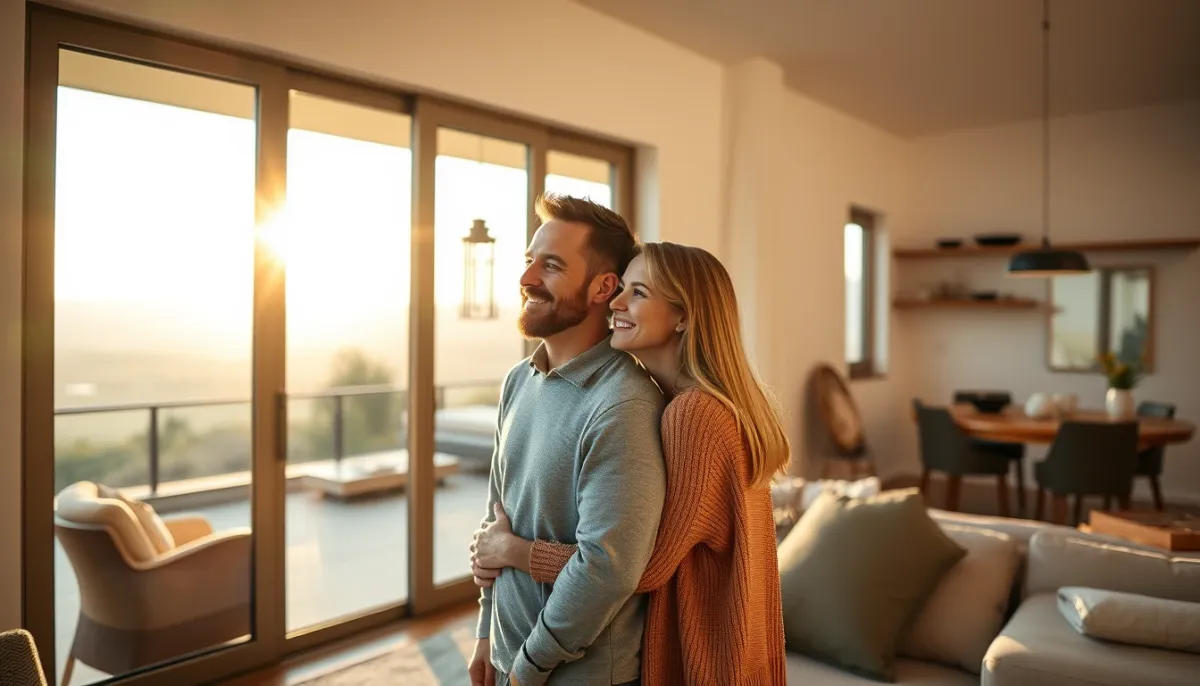 Couple profitant d'une baie vitrée à galandage dans une maison moderne