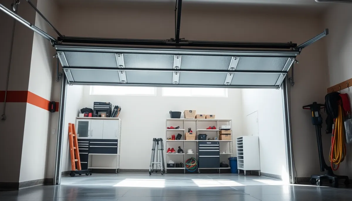 Porte de garage sectionnelle entrouverte laissant voir l'intérieur du garage