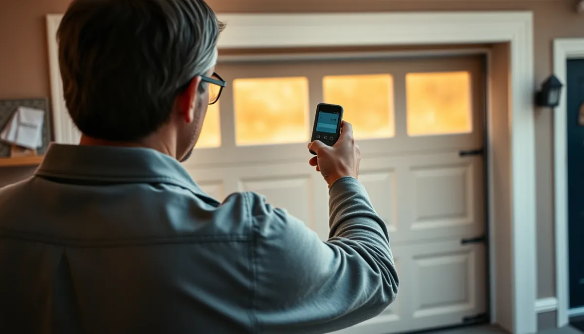 Propriétaire ouvrant sa porte de garage sectionnelle avec une télécommande
