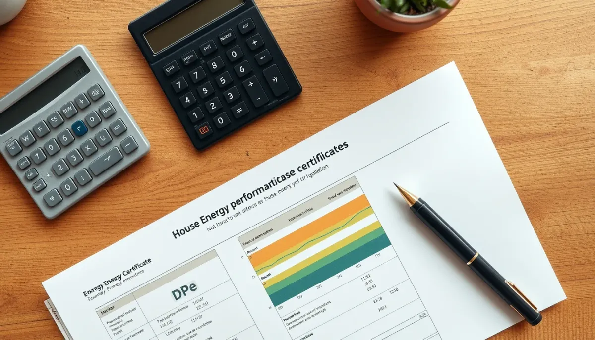 Bureau avec documents de rénovation énergétique, calculatrice et diagnostic de performance énergétique pour préparer un dossier MaPrimeRénov'