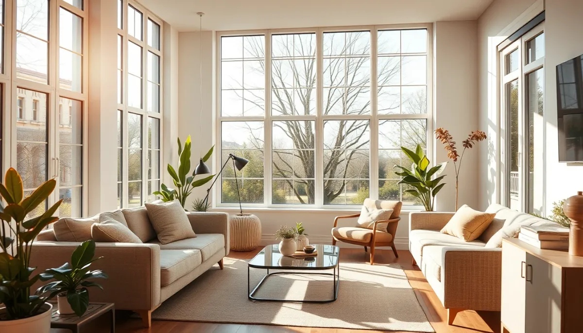 Salon lumineux avec grandes fenêtres double vitrage laissant entrer la lumière naturelle, illustrant le confort après rénovation
