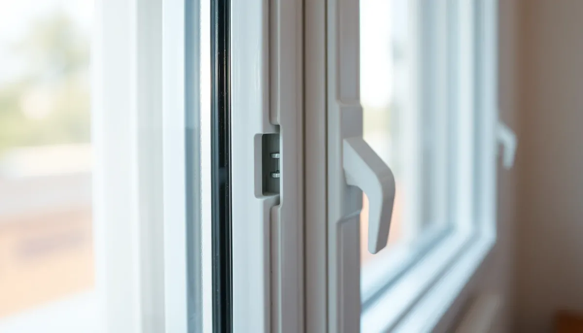 Gros plan sur le profilé PVC multi-chambres et le double vitrage d'une fenêtre, détails techniques