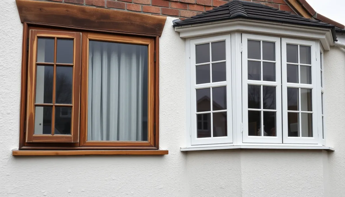 Façade de maison avec un mélange de fenêtres anciennes en bois et de nouvelles fenêtres PVC double vitrage