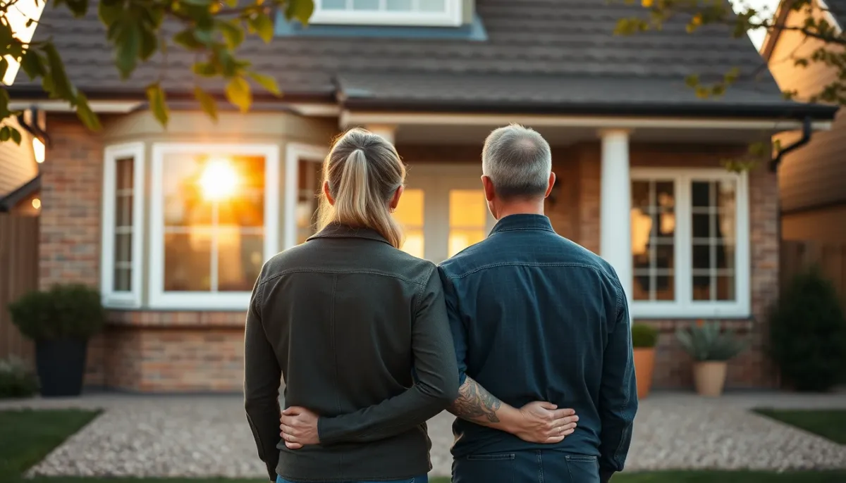 Couple de propriétaires devant leur maison rénovée avec des fenêtres PVC double vitrage, vue de dos
