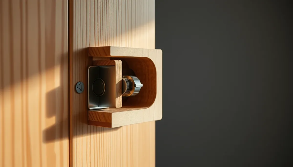 Coupe technique d'une porte d'entrée bois performante montrant l'âme isolante et la quincaillerie