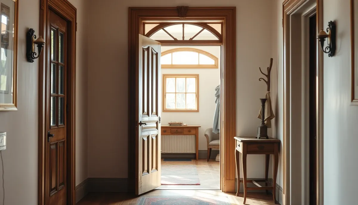 Intérieur d'un hall d'entrée de maison ancienne avec une porte bois apportant chaleur et confort