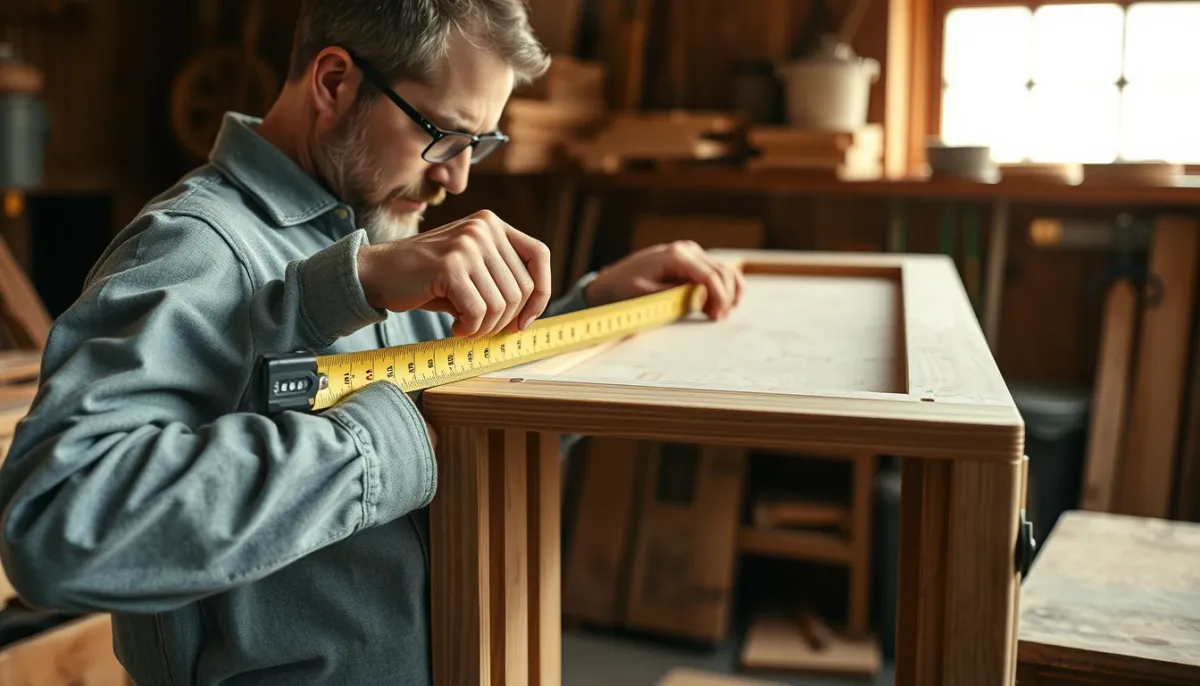 Menuisier travaillant sur une porte d'entrée en bois dans son atelier, illustrant la fabrication locale