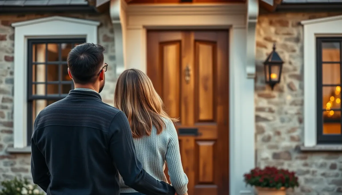 Couple devant sa maison ancienne avec une nouvelle porte d'entrée en bois, symbolisant le bon choix