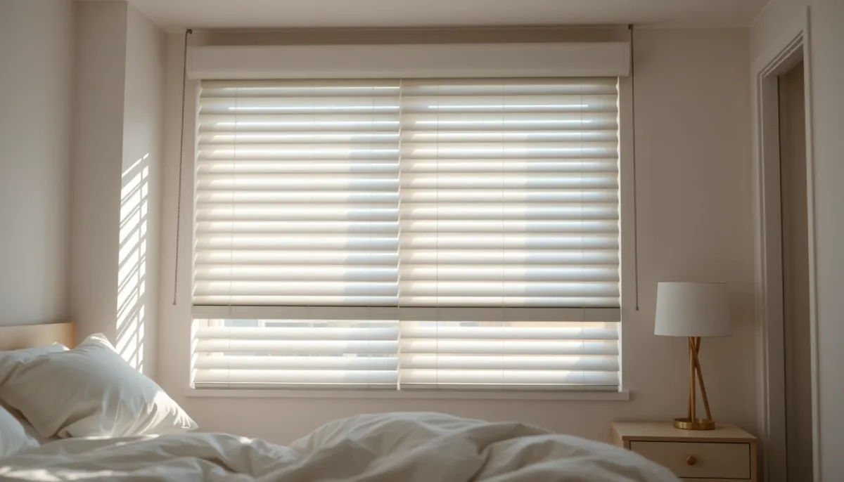 Chambre lumineuse avec volet roulant fermé filtrant la lumière du matin