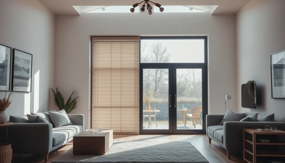 Intérieur lumineux avec baie vitrée et coffre de volet roulant intégré