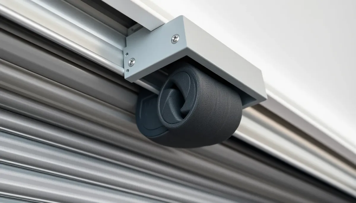 Mécanisme d'enroulement compact d'une porte de garage enroulable, montrant le faible encombrement sous plafond