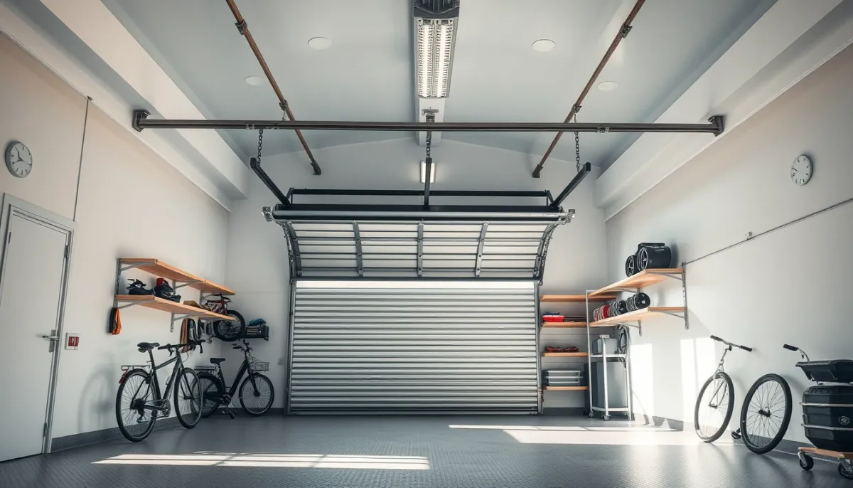 Intérieur de garage avec porte enroulable ouverte, plafond dégagé et espace de rangement optimisé