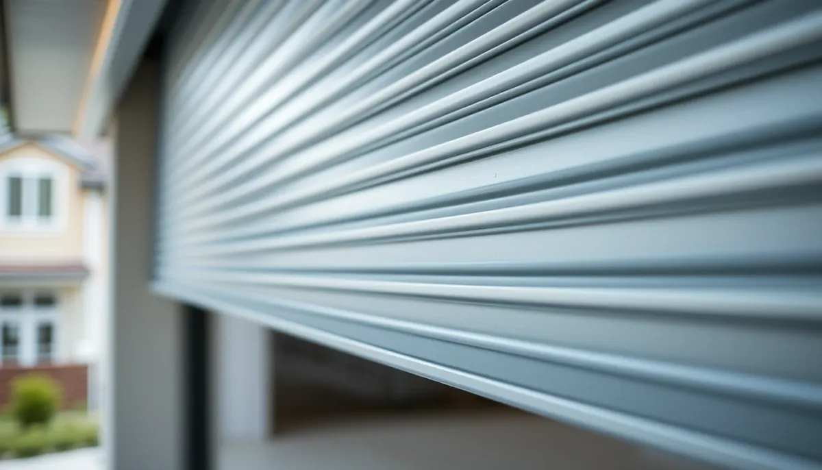 Gros plan sur les lames isolantes d'une porte de garage enroulable en aluminium
