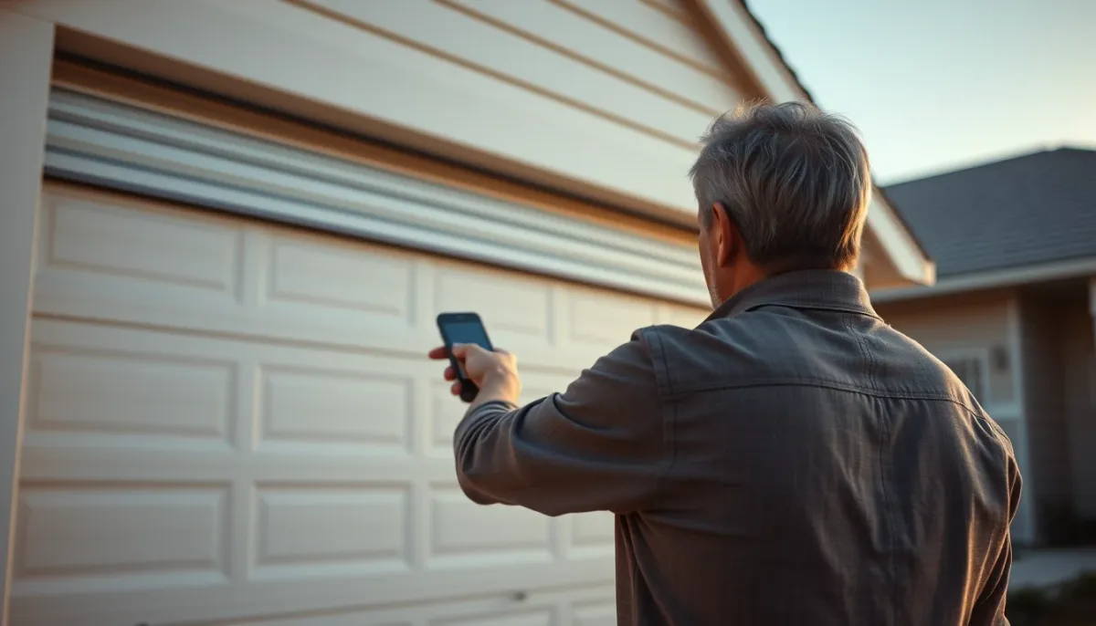 Propriétaire actionnant la télécommande d'une porte de garage enroulable motorisée