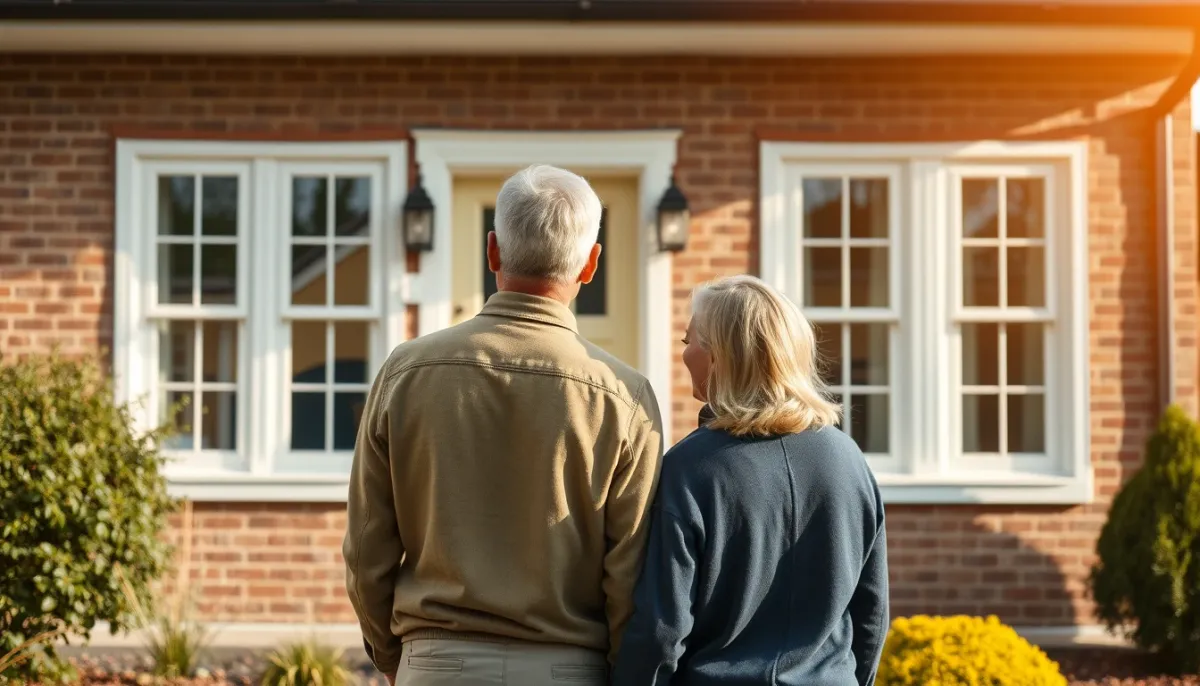 Couple devant sa maison rénovée avec des menuiseries performantes, bénéficiant de la TVA à 5,5 %