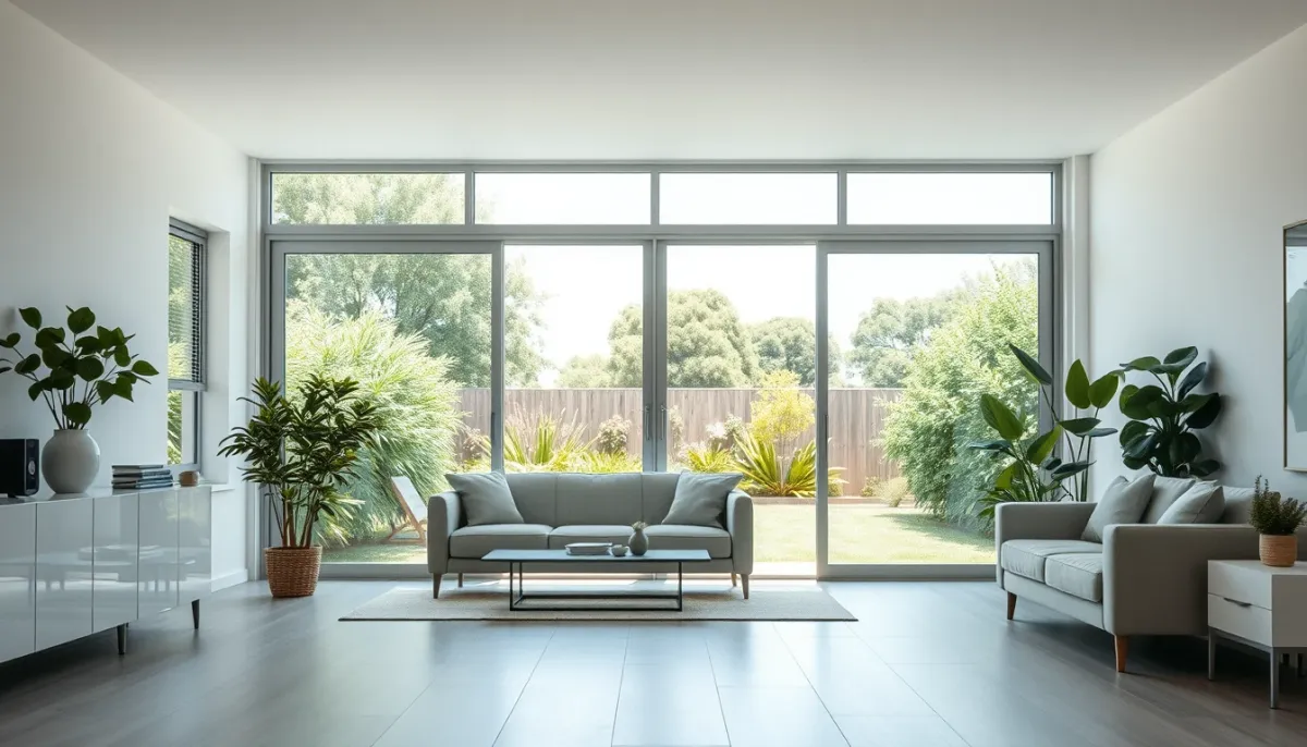 Salon lumineux avec baie vitrée aluminium ouvrant sur un jardin