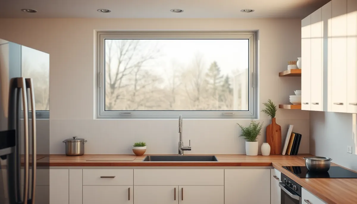 Cuisine moderne avec fenêtre aluminium au-dessus de l'évier