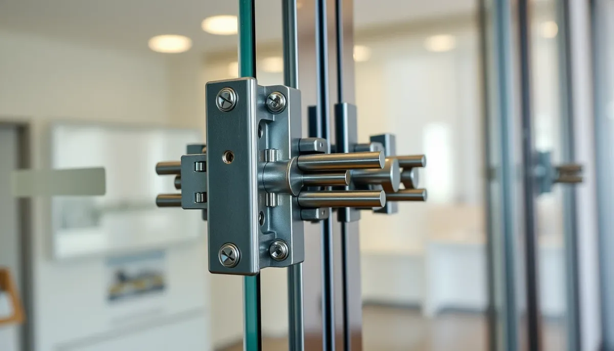 Détail d'une serrure multipoints sur une porte d'entrée vitrée
