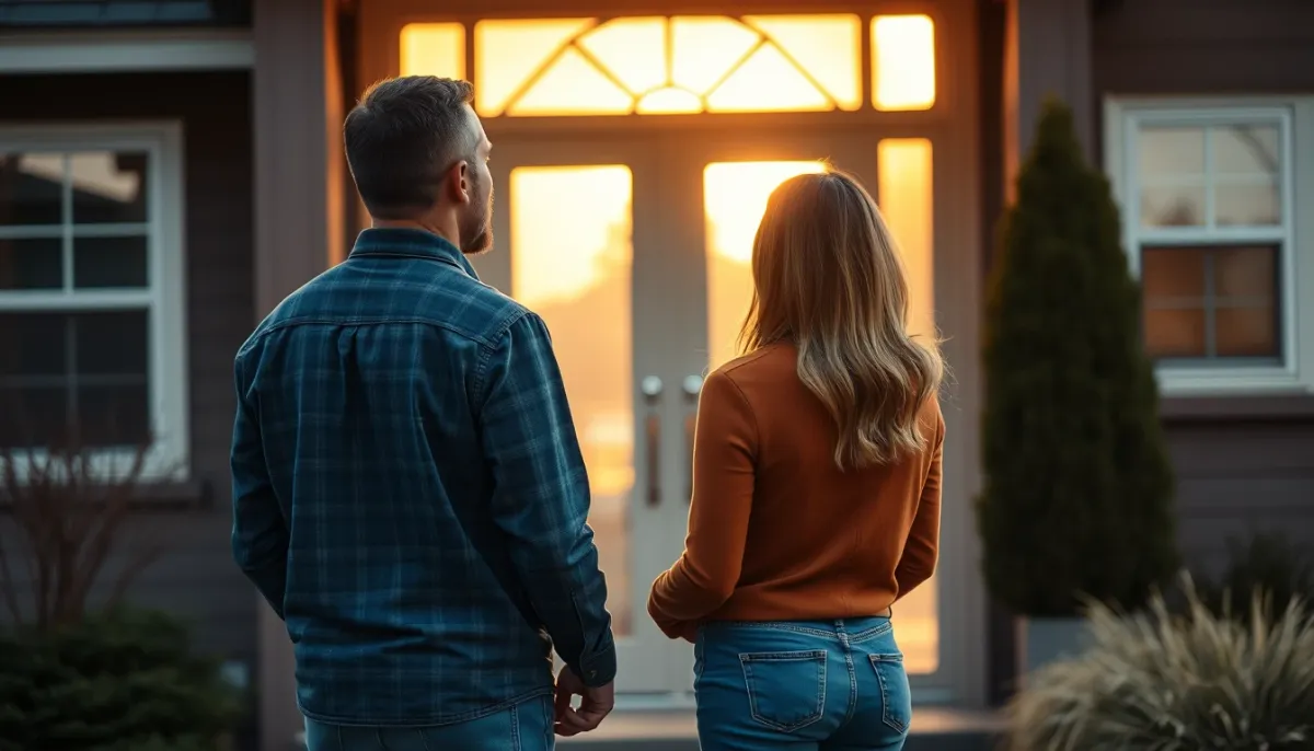 Couple devant une porte d'entrée vitrée sécurisée, illustrant les propriétaires types