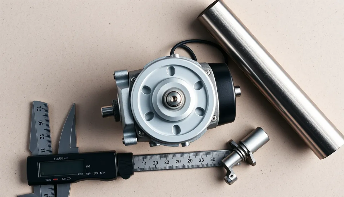 Moteur tubulaire pour volet roulant posé sur un établi avec un pied à coulisse et un tube métallique
