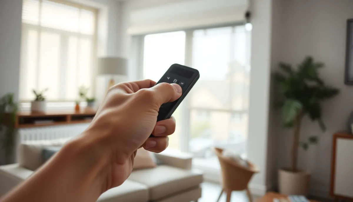 Main tenant une télécommande pointée vers un volet roulant dans un salon lumineux