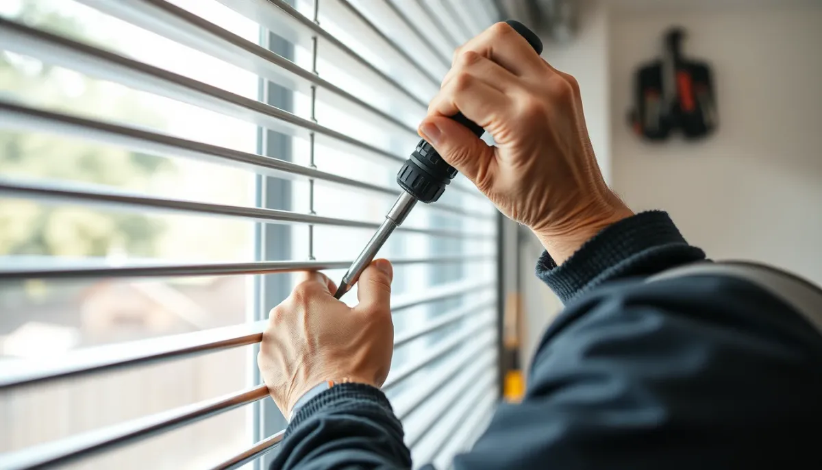 Mains d'un technicien intervenant sur le coffre d'un volet roulant avec un tournevis