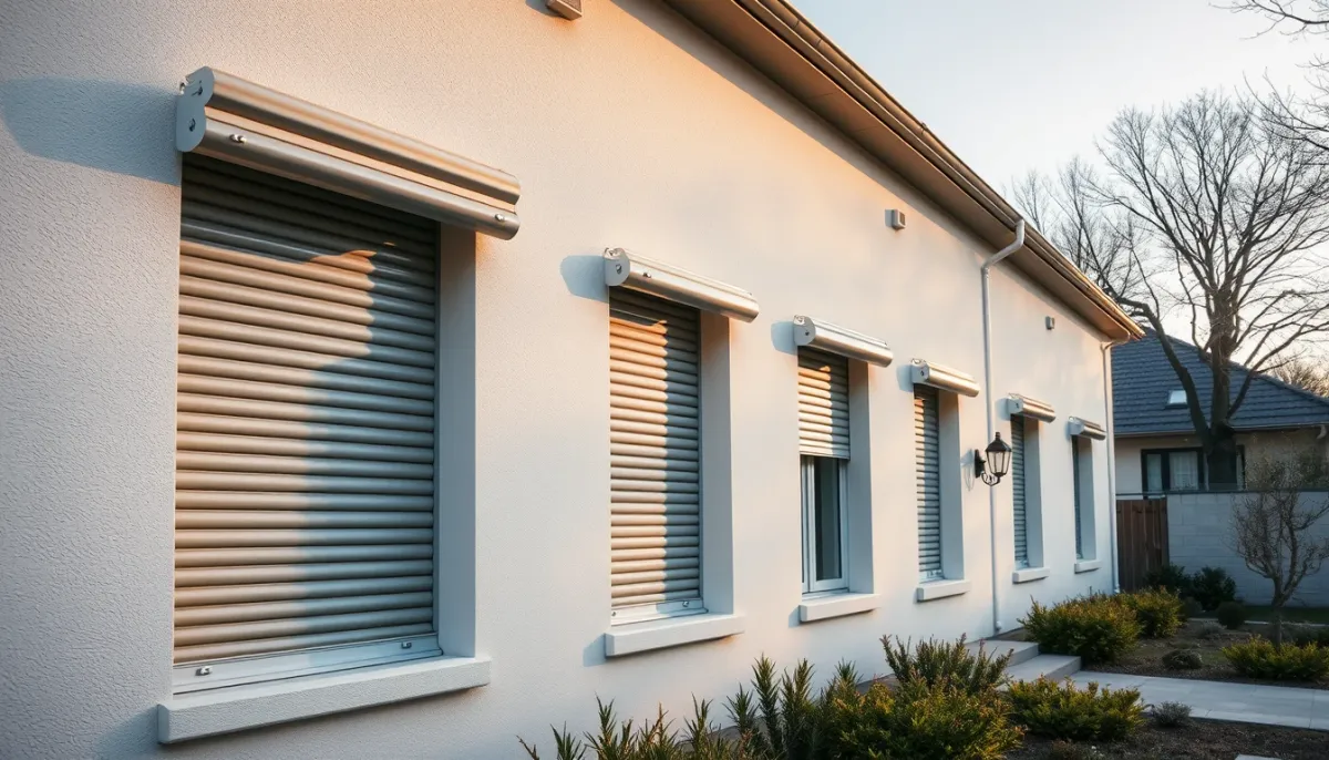 Façade de maison moderne équipée de plusieurs volets roulants motorisés à différentes hauteurs