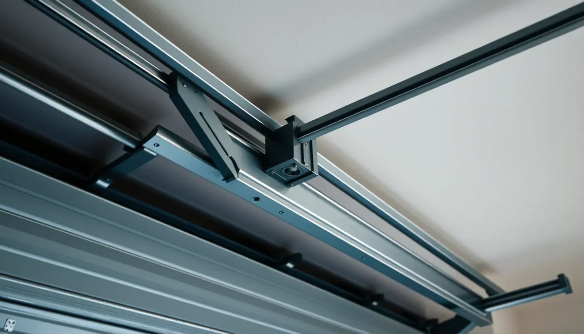 Mécanisme d'une porte de garage basculante avec bras pivotant et rail au plafond