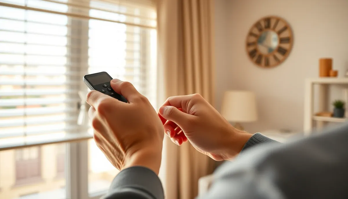 Personne utilisant une télécommande pour régler un volet roulant Bubendorff dans un salon lumineux