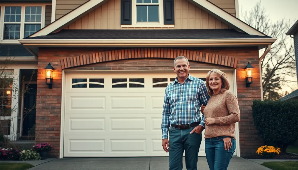 Couple satisfait devant sa maison avec une nouvelle porte de garage sectionnelle Hörmann