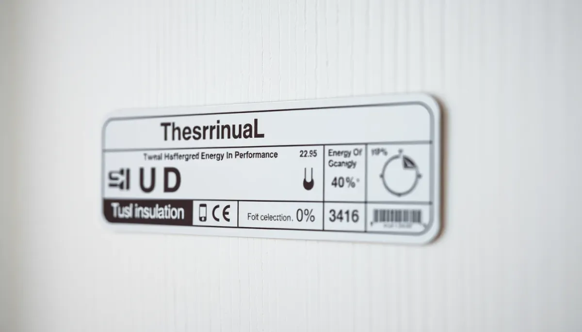 Étiquette technique d'une porte d'entrée isolante montrant le coefficient Ud et les performances thermiques, critère d'éligibilité aux aides