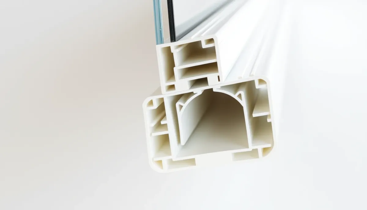 Gros plan sur la coupe d'un profilé de fenêtre PVC montrant les chambres d'isolation et les joints