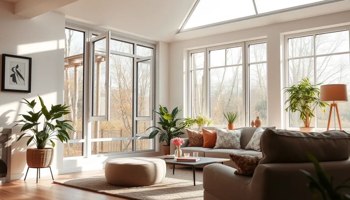 Intérieur lumineux avec une fenêtre PVC ouverte en position oscillo-battant