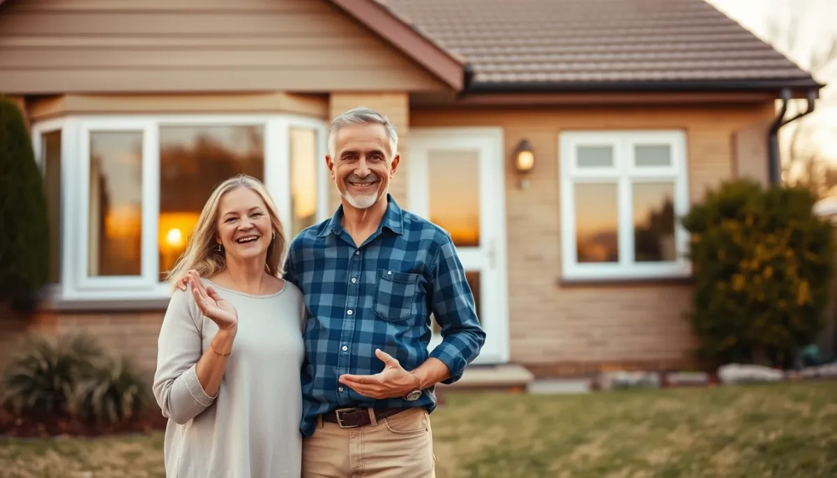 Couple souriant devant sa maison avec des fenêtres PVC neuves