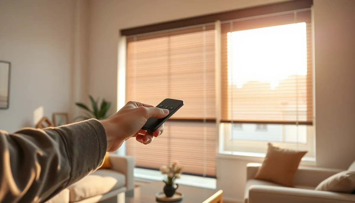 Main utilisant une télécommande pour piloter un volet roulant Profalux dans un salon lumineux