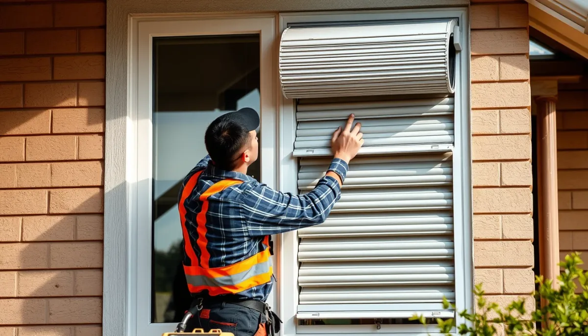 Professionnel installant un volet roulant Profalux sur une fenêtre de maison