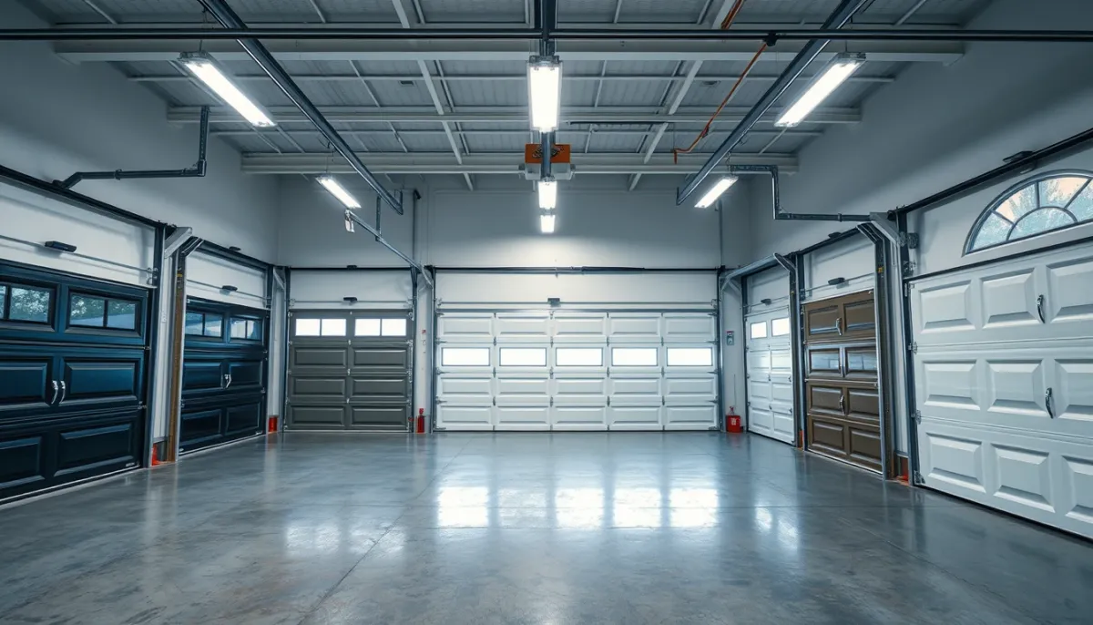 Showroom de portes de garage sectionnelles avec différents modèles exposés
