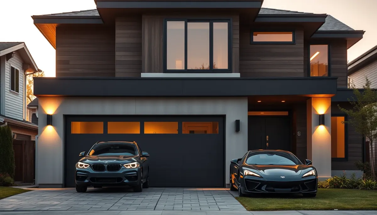 Maison moderne avec porte de garage et voiture dans l'allée