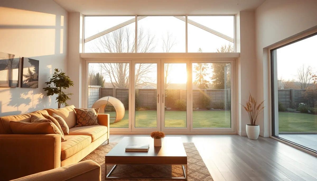 Salon lumineux avec une grande fenêtre aluminium Tryba offrant une vue sur un jardin