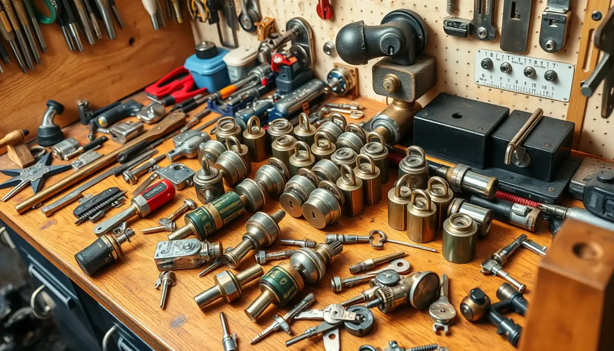 Établi de serrurier avec différentes serrures et cylindres