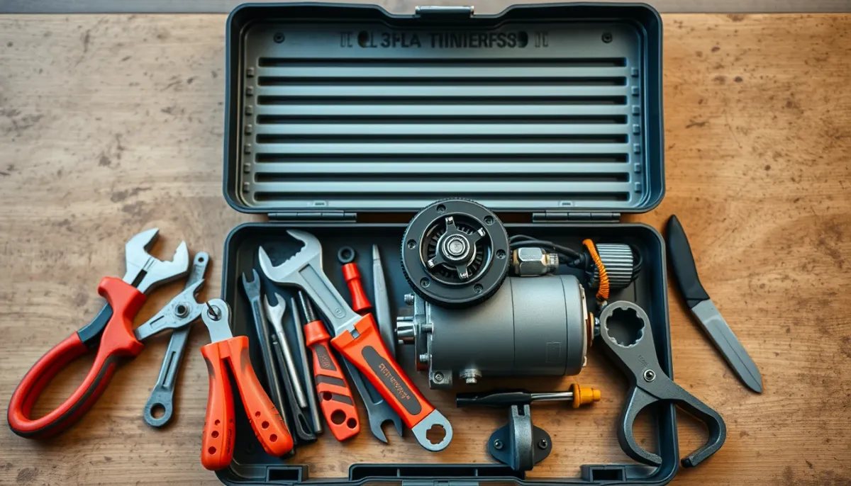 Outils et moteur de volet roulant sur un établi, prêts pour une réparation
