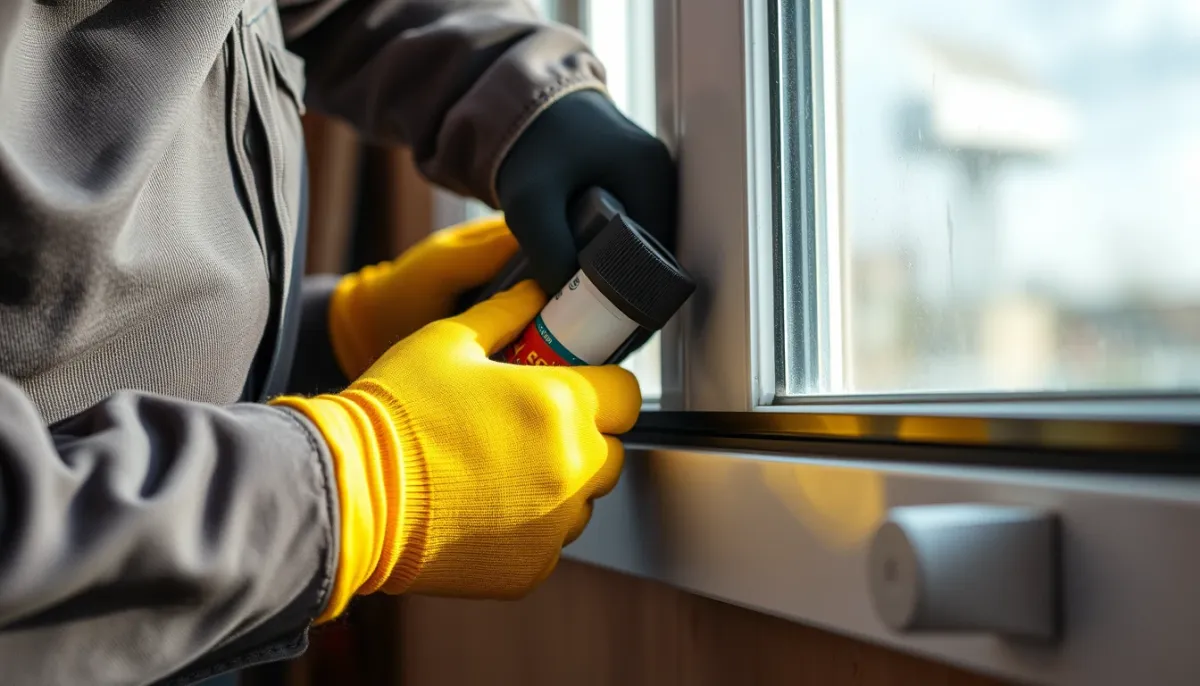 Installateur posant un nouveau joint sur une baie vitrée coulissante