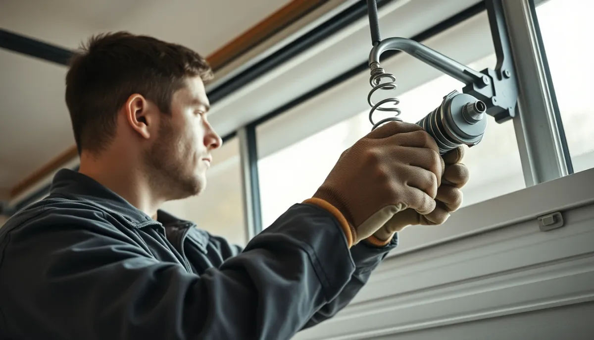 Installateur qualifié remplaçant un ressort de torsion sur une porte sectionnelle