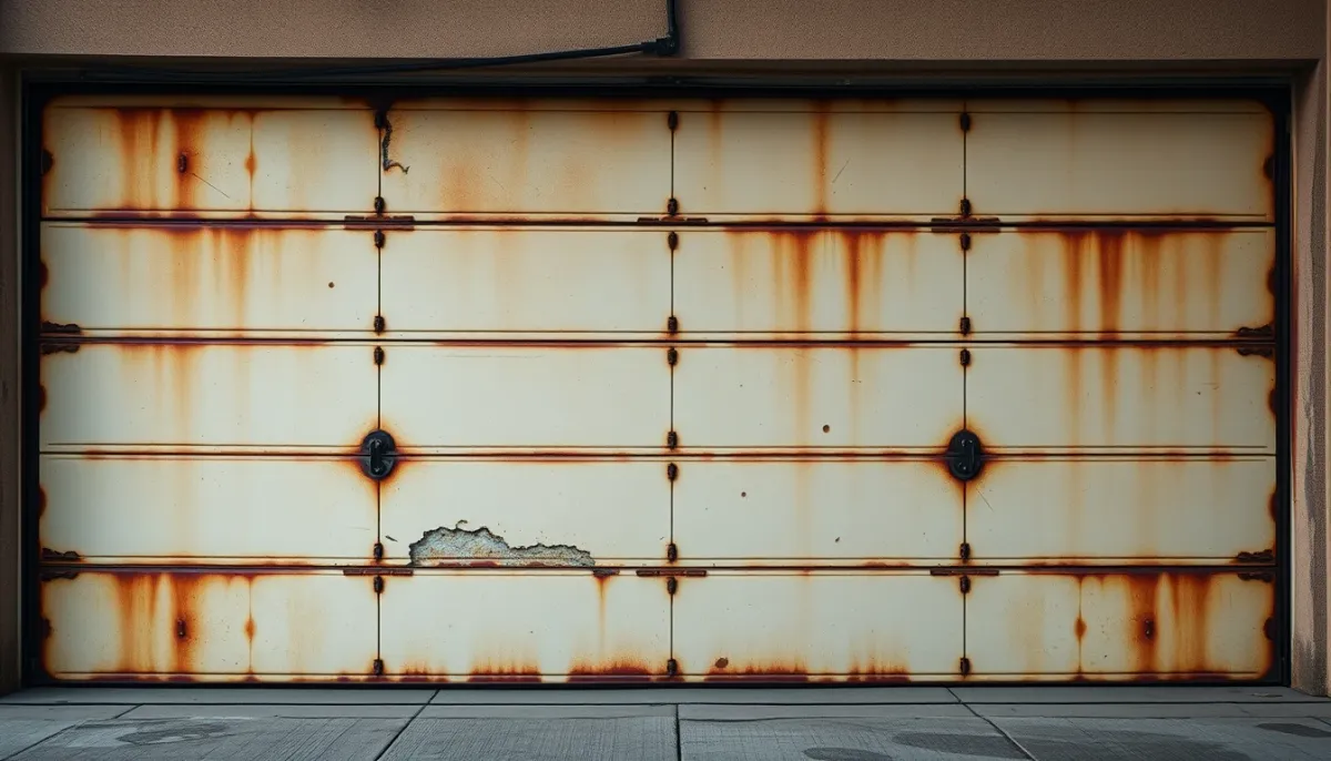 Porte de garage sectionnelle endommagée et rouillée, illustrant une réparation non rentable